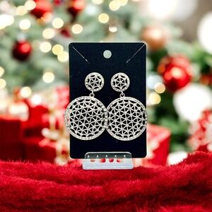 Rhinstone Silver-tone Disc Earrings with Intricate Detailing